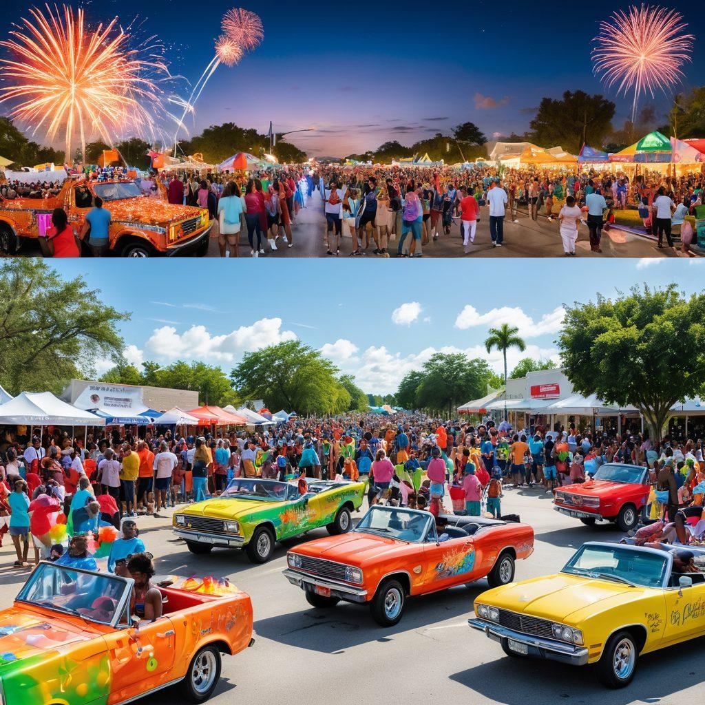 A vibrant collage showcasing community events in Lauderdale Lakes, featuring a lively street parade filled with colorful floats, friendly neighbors gathering at a local park, and a stunning city skyline in the background. Include diverse people enjoying various activities, and fireworks lighting up the night sky above. super-realistic. vibrant colors. white background.