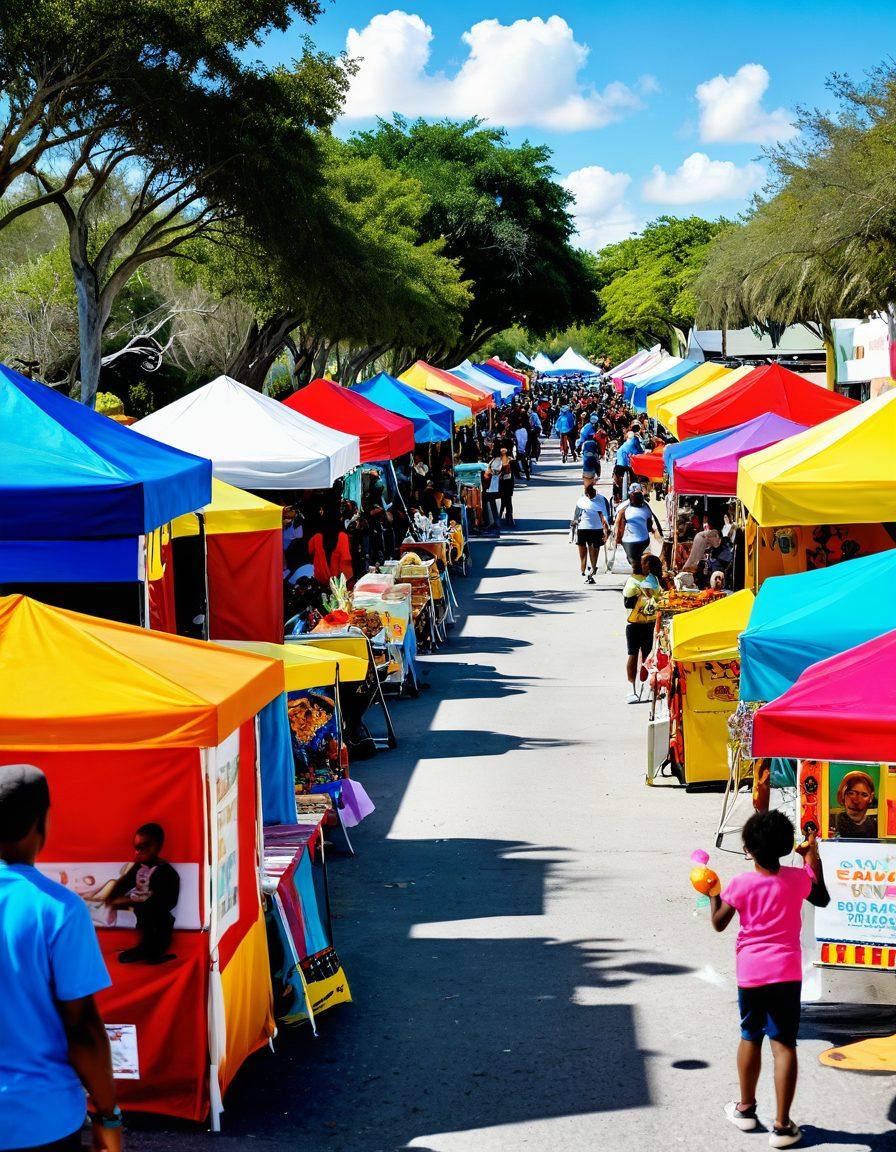 A vibrant street scene showcasing residents enjoying a local festival in Lauderdale Lakes, with colorful decorations, food stalls, and families engaging in activities. Include diverse people talking and sharing experiences, with the backdrop of a sunny neighborhood park. Capture the essence of community spirit and lively gatherings. super-realistic. bright colors. dynamic composition.