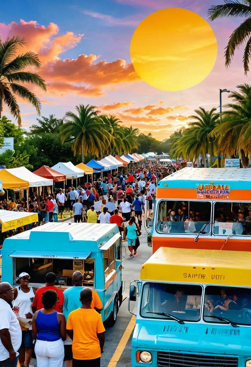 A vibrant community scene in Lauderdale Lakes showcasing people of diverse backgrounds engaging in various activities such as a local festival, food trucks, and a community bulletin board filled with colorful announcements. The bright sun shines over smiling faces, with palm trees swaying in the background. Include elements of excitement and togetherness. super-realistic. vibrant colors. lively atmosphere.